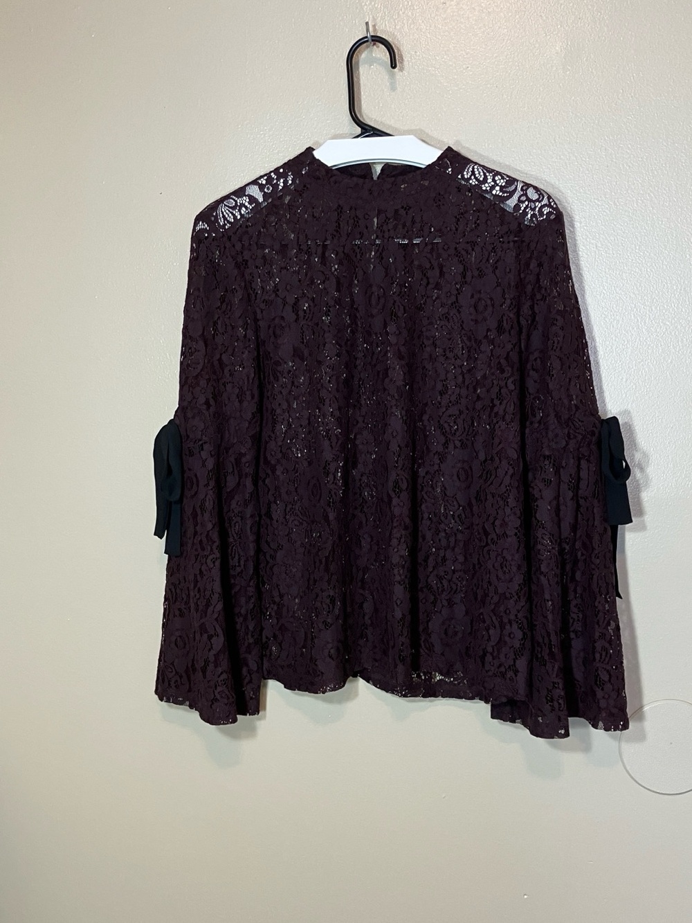 LOFT Lace Bell-Sleeve Blouse in Plum Maroon Tie Sleeve Top